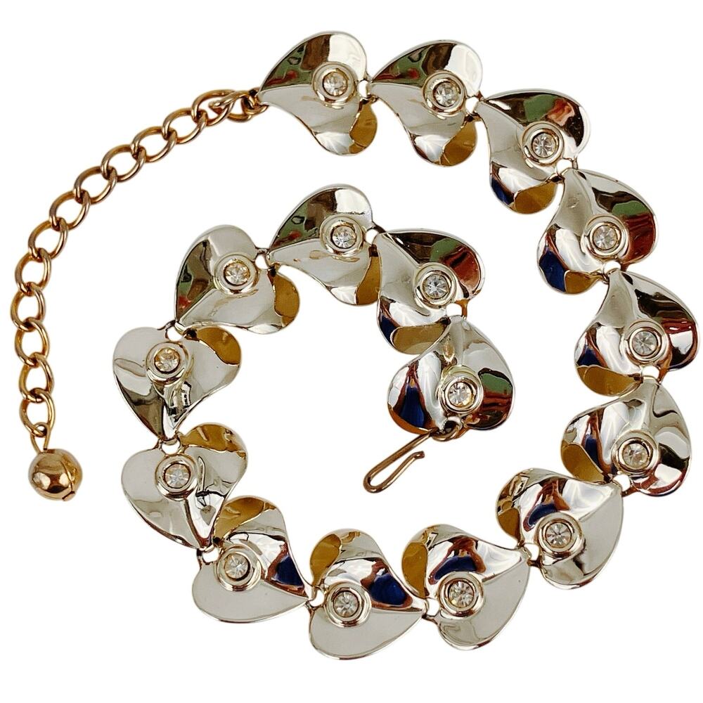 Vintage Mid Century Gold Tone Heart Rhinestone Choker Necklace 1950s